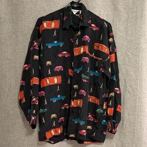 Vintage Dorman 100% Silk Pop Art Retro Car Print Button-Up Shirt